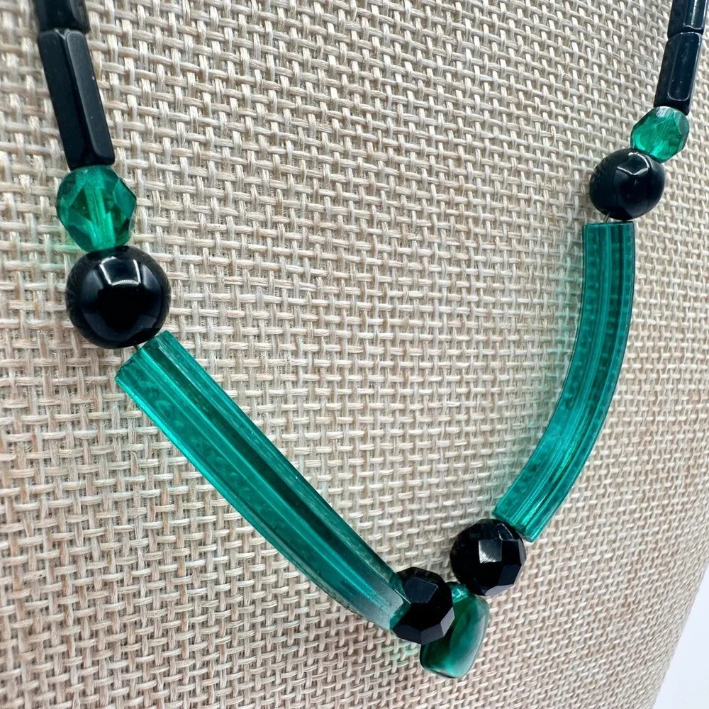 Vintage 80s Glass Bead‎ Necklace Deco Style Geometric Statement Fashion Jewelry
